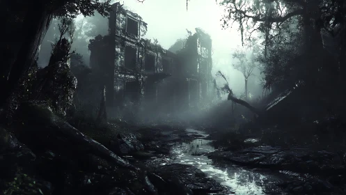 Ruined jungle mansion exhales mist into a fading dawn