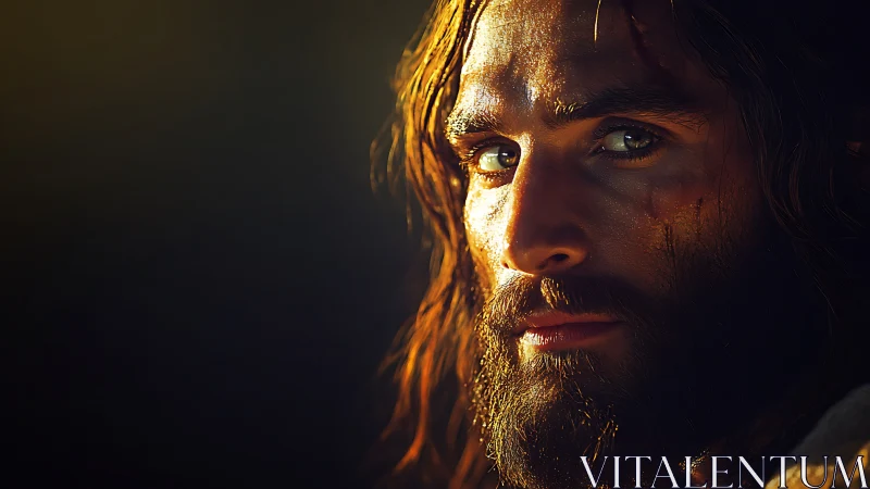 Golden side-lit bearded portrait with intense gaze focus.