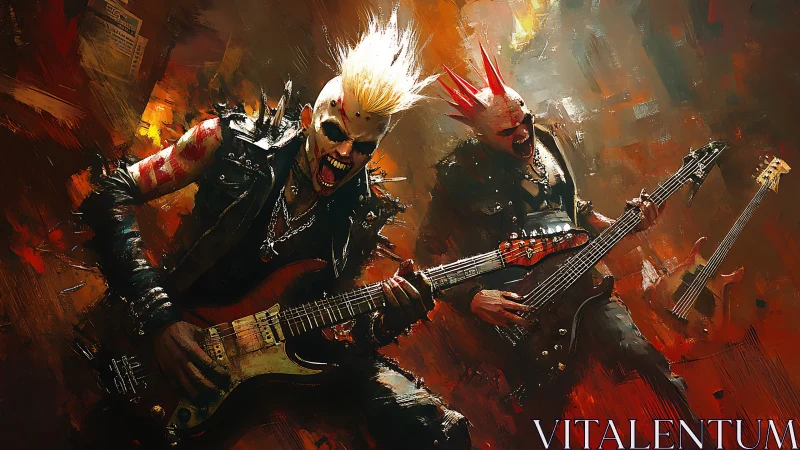 Cyberpunk punk band erupts onstage in neon inferno chaos.