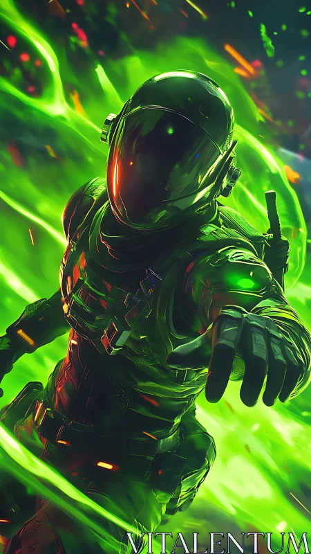 Neon space soldier charges through swirling green energy storm