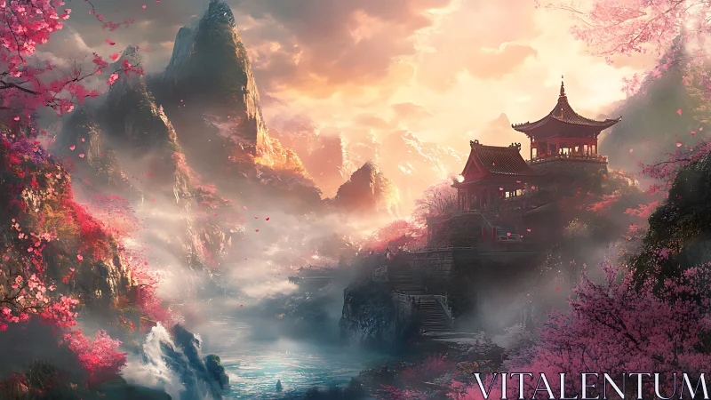 Mountain temple complex in pink blossom valley at sunrise.