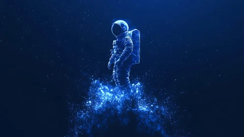 Stargazing astronaut drifting through quiet blue cosmos.