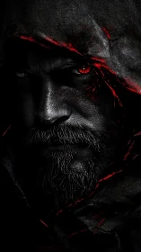 Hooded bearded man in darkness with glowing red details.
