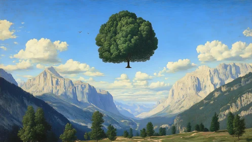 Suspended green tree floats above sunlit alpine valley