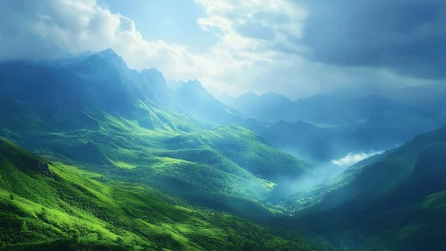 Emerald stormlit highlands breathing in blue mountain haze.