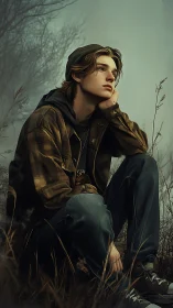 Pensive youth in misty field rendered as digital portrait.