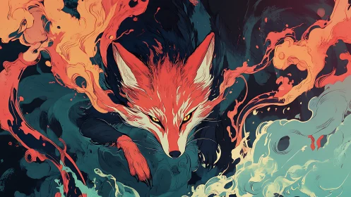 Fireborn fox dives through swirling teal tides of magic.