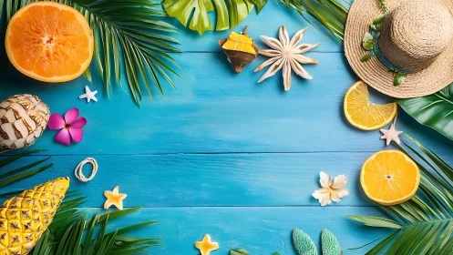 Tropical summer flat lay frames bright blue beach backdrop