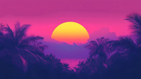 Neon tropical sunset silhouettes bold magenta sky glow.