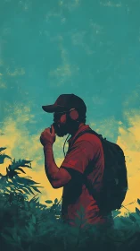 Silhouetted man with backpack stands amid foliage outdoors