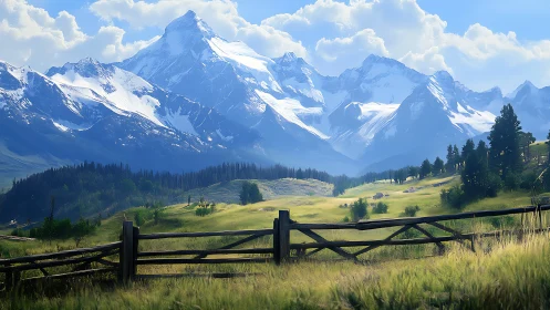 Snow-crowned giants lean over sunlit valley and quiet fence