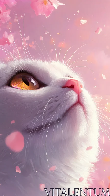 White Cat with Golden Eye Amid Pink Petals
