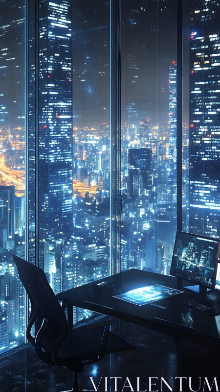Midnight office lookout over a glittering cyber cityscape.