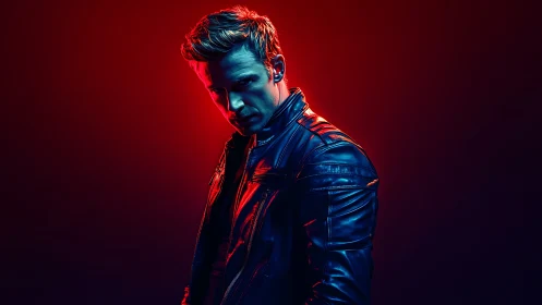 Moody male portrait in blue leather under red light.