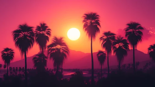 Sunset glows behind palm silhouettes over desert ridge