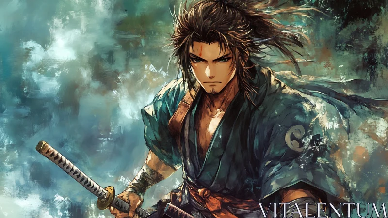 Samurai swordsman with intense gaze in painterly scene.
