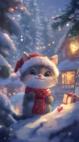 Festive winter kitten in illuminated snowy chalet landscape.