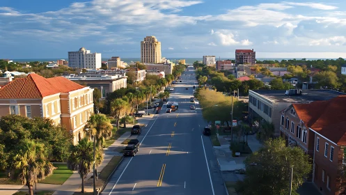 Coastal city street with low-rise buildings and traffic flow.