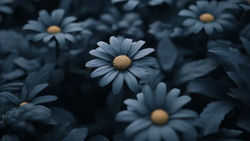 Moody Blue Daisies in Sharp Focus with Golden Centers