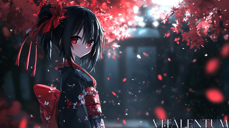 Kimono girl stands under red blossoms in dusk garden