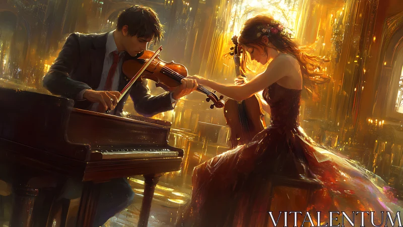 Golden duet of piano and violin in a glowing evening hall.