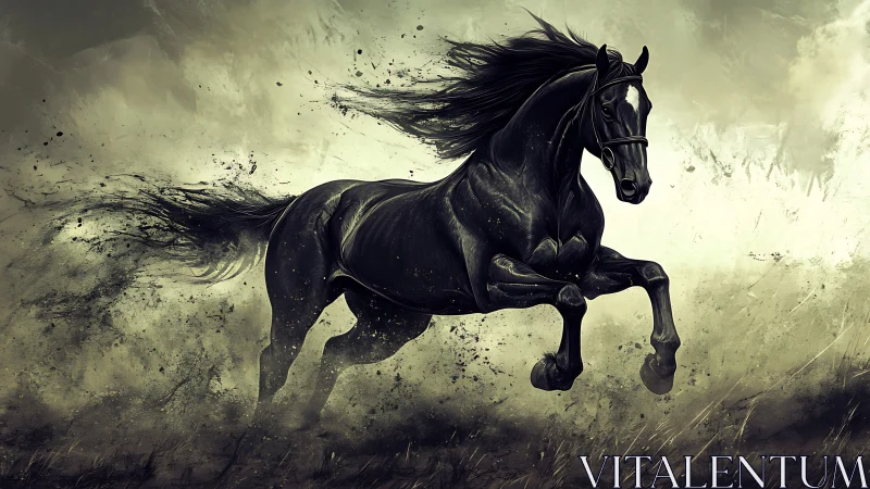 Midnight horse surges through storm of dust and shadow.