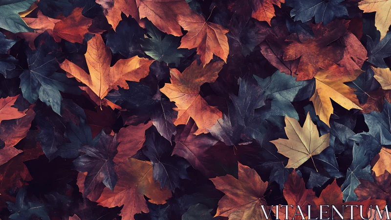 Colorful fallen maple leaves forming dense autumn carpet.