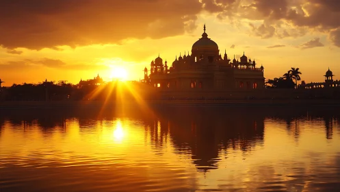 Temple silhouette at sunset with symmetrical water reflection.