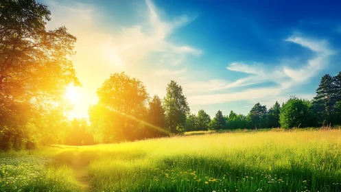 Sunlit meadow doorway where morning quietly turns golden.