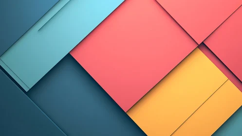 Geometric layered panels in teal, coral and yellow tones.