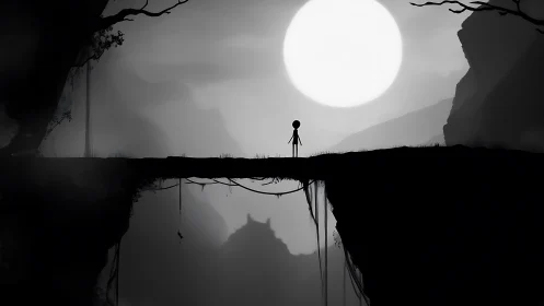 Silhouetted figure crosses a void under an overexposed moon