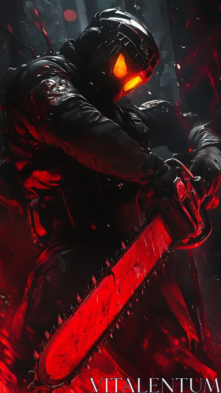 Armored enforcer grips blazing red chainsaw in dark corridor
