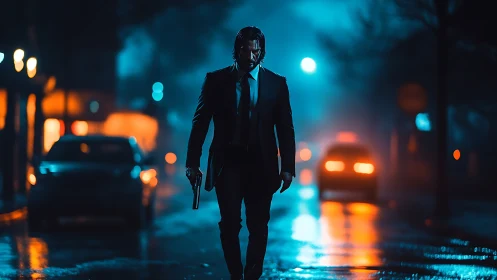 Lone gunman in neon soaked rain, cinematic street prowl.