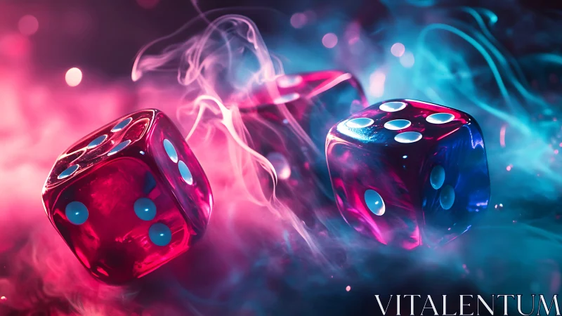 Neon dice drift through electric mist in chromatic twilight.