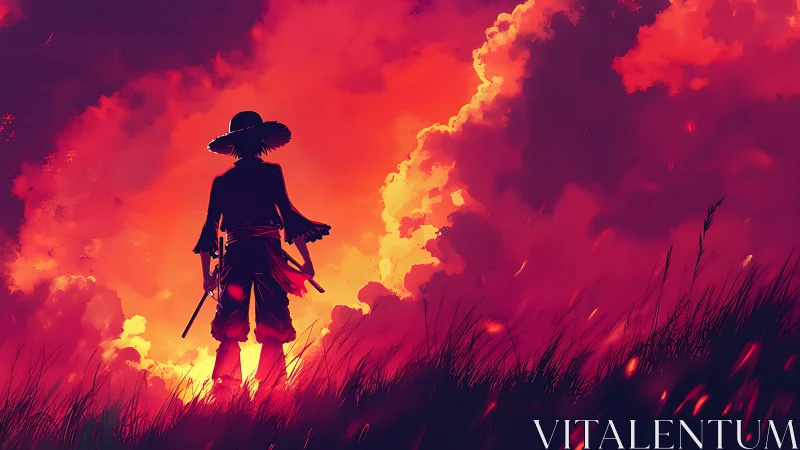 Silhouetted swordsman stands before intense orange clouds
