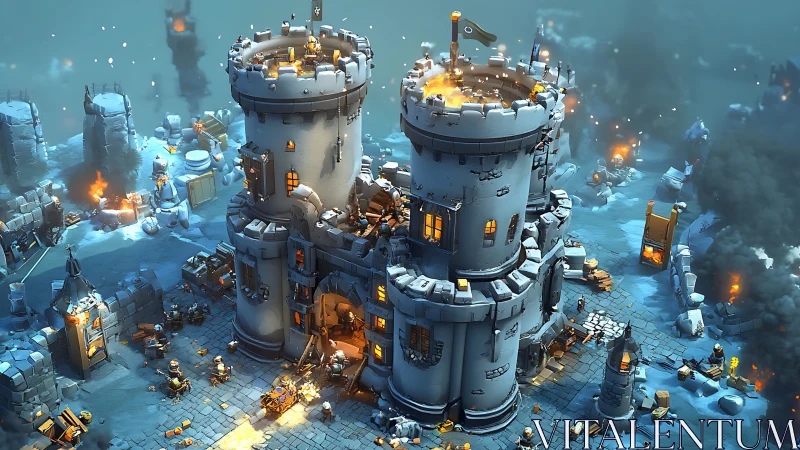 Winter siege on stylized fortress rendered in dynamic 3D