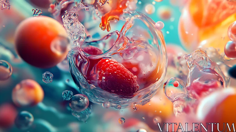 High-speed macro render of raspberry in refractive liquid splash