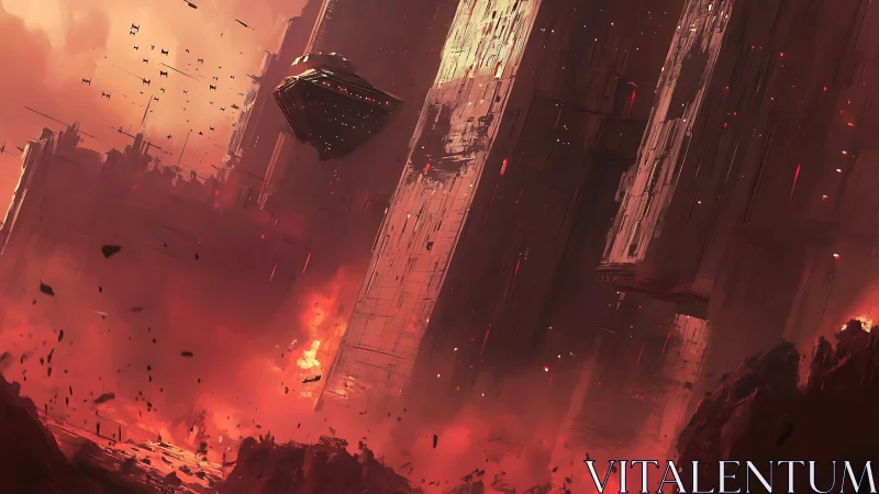 Massive hovering warship penetrates burning megastructure canyon