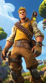 Cartoon-heroic explorer with tactical gear in stylized terrain.