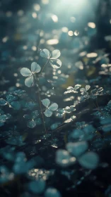 Backlit clover leaves glisten under soft morning moisture