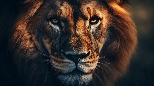 Male lion close-up portrait with directional warm light.