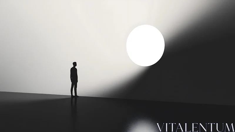 Stark silhouette observing luminous sphere in voided space.