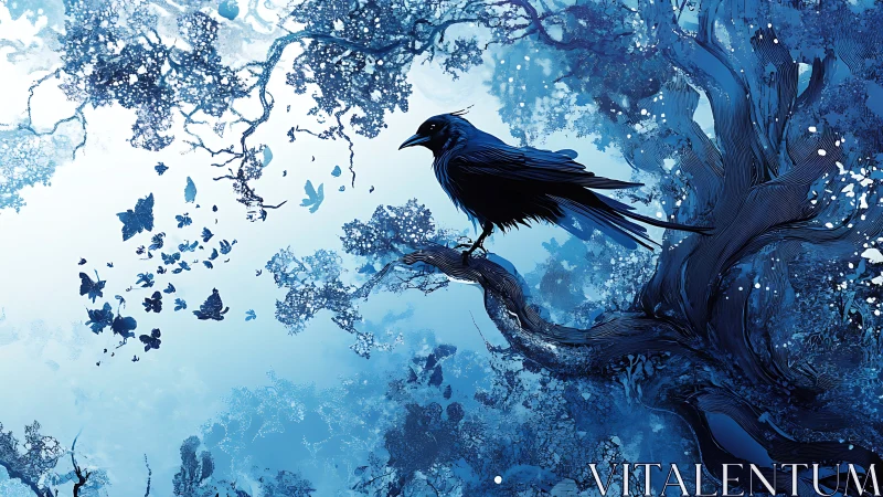 Nocturnal corvid on twisted branch amid abstract blue foliage