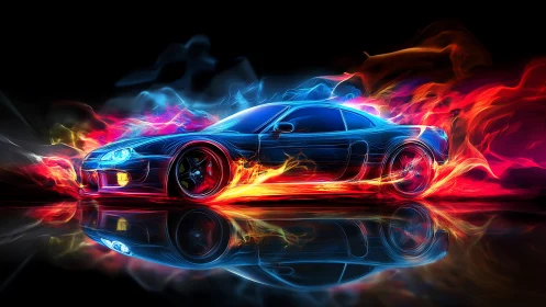 Neon firestorm coupe streaking through midnight reflections.