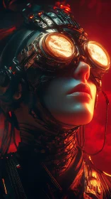 Cyborg subject with illuminated visor in red environment.