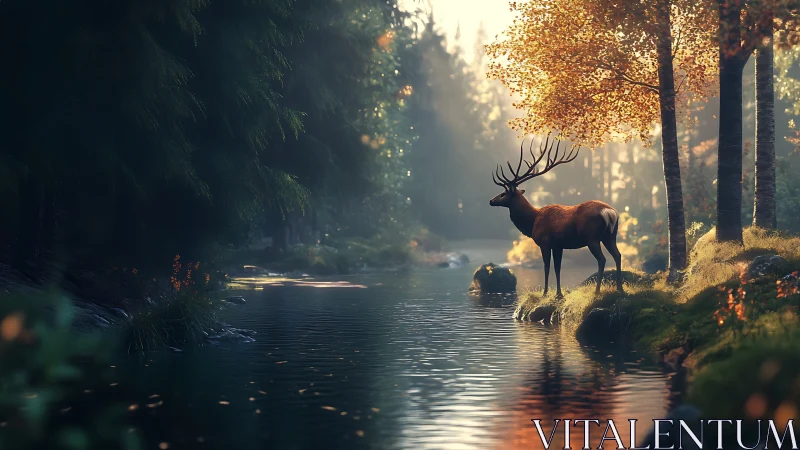 Majestic stag pauses beside a misty autumn forest river