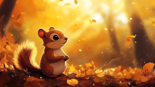 Autumn forest glow surrounding a cute squirrel character.