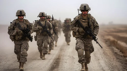 Modern soldiers on patrol along dusty unpaved road.