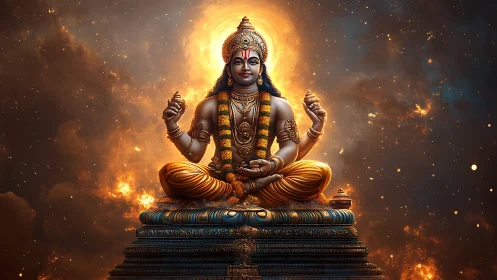 Seated deity figure on ornate pedestal in cosmic backdrop.