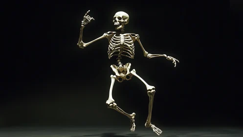 Dancing human skeleton under dramatic studio spotlight.